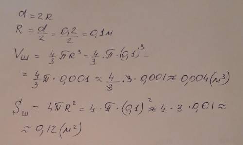 Вычислите площадь поверхности и объём шара диаметром 0,2 м