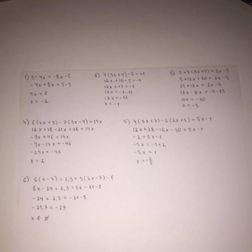 Линейное уравнение 1. 3 - 4х = -8х - 5 2. 4(3х + 4) - 5 = -1 3. 5 + 4(3х + 5)= 2х - 5 4. 6(2х + 3)