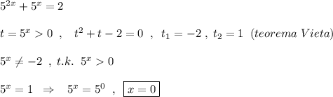 5^{2x}+5^{x}=2\\\\t=5^{x}0\; \; ,\; \; \; t^2+t-2=0\; \; ,\; \; t_1=-2\; ,\; t_2=1\; \; (teorema\; Vieta)\\\\5^{x}\ne -2\; \; ,\; t.k.\; \; 5^{x}0\\\\5^{x}=1\; \; \Rightarrow \; \; \; 5^{x}=5^0\; \; ,\; \; \boxed {x=0}