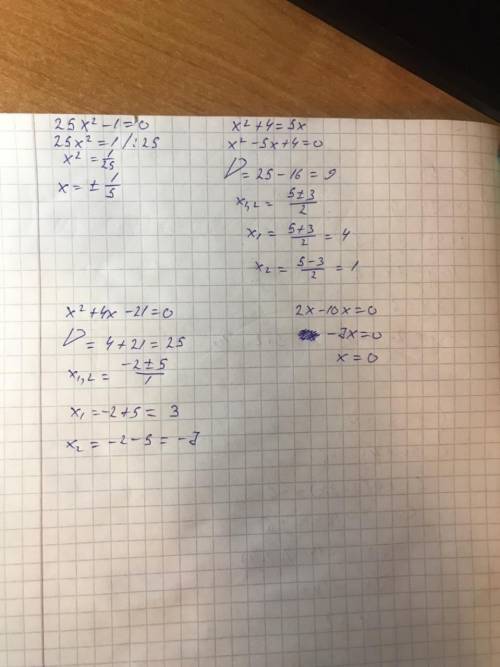 Решить уравнения через дискриминант (желательно на листочке) 1. 25x²-1=0 2. x²+4=5x 3. x²+4x-21=0 4.