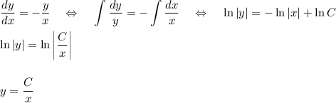 \dfrac{dy}{dx}=-\dfrac{y}{x}~~~\Leftrightarrow~~~\displaystyle \int \dfrac{dy}{y}=-\int \dfrac{dx}{x}~~~\Leftrightarrow~~~ \ln|y|=-\ln |x|+\ln C\\ \\ \ln|y|=\ln\left|\frac{C}{x}\right|\\ \\ \\ y=\dfrac{C}{x}