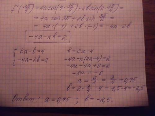 F(x)=asin4x - bcos2x f' (7п/12)=4 f' (3п/4)=2 a=? b=?