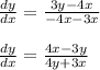 \frac{dy}{dx} = \frac{3y - 4x}{ - 4x - 3x} \\ \\ \frac{dy}{dx} = \frac{4x - 3y}{4y + 3x}