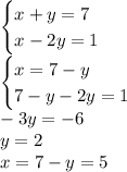 \begin{cases}x+y=7\\x-2y=1\end{cases}\\\begin{cases}x=7-y\\7-y-2y=1\end{cases}\\-3y=-6\\y=2\\x=7-y=5