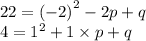 22 = {( - 2)}^{2} - 2p + q \\ 4 = {1}^{2} + 1 \times p + q