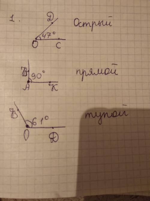 Построить острый, прямой и тупой углы, обозначить их и измерить градусную меру. 2. построить разверн