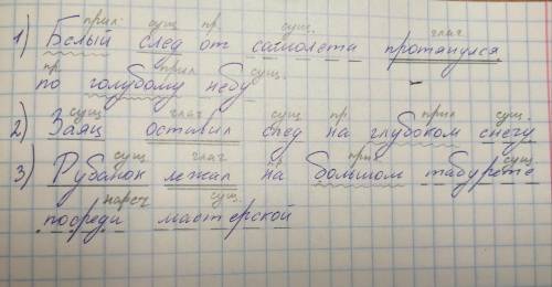 спиши и разбери предложение по членам и частям речи (по одной части речи) а) белый след от самолёта