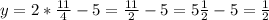 y=2*\frac{11}{4} -5=\frac{11}{2} - 5=5\frac{1}{2}-5=\frac{1}{2}