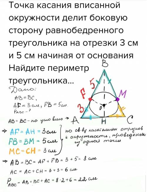 Точка касания вписанной окружности делит боковую сторону равнобедренного треугольника на отрезки 3 с