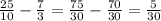 \frac{25}{10} - \frac{7}{3} = \frac{75}{30} - \frac{70}{30} = \frac{5}{30}