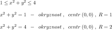 1\leq x^2+y^2\leq 4\\\\x^2+y^2=1\; \; -\; \; okryznost\; ,\; \; centr\; (0,0)\; ,\; R=1\\\\x^2+y^2=4\; \; -\; \; okryznost\; ,\; \; centr\; (0,0)\; ,\; R=2