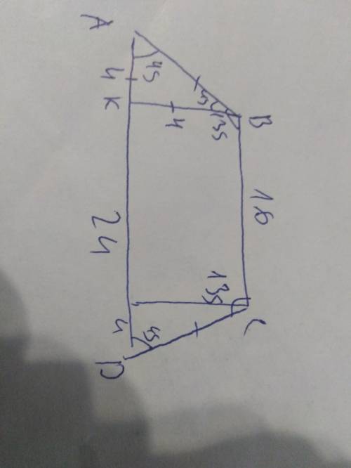 Вравнобедренной трапеции abcd основания ad=24 см, bc=16 см,угол c= 135°. найдите высоту bk трапеции.