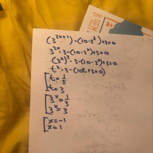 Решите уравнения 1. ((2 1/3)^-x^2-2x+3)=1 2. (1/4)^x +(1/2)^x -6=0 3. (3^2x+1 ) -(10*3^x)+3 = 0 зара