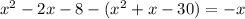 x^{2}-2x-8-(x^{2}+x-30)=-x