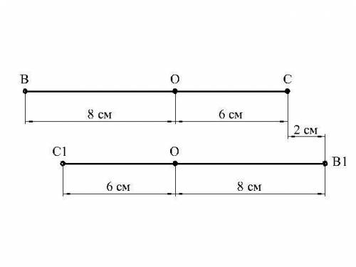 Длина отрезка вс = 14 см. этот отрезок центрально симметрично отобразили относительно точки о, лежащ
