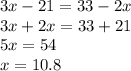 3x - 21 = 33 - 2x \\ 3x + 2x = 33 + 21 \\ 5x = 54 \\ x = 10.8