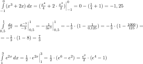 \int\limits^0_{-1}(x^3+2x)\, dx=(\frac{x^4}{4}+2\cdot \frac{x^2}{2})\Big |_{-1}^0=0-(\frac{1}{4}+1)=-1,25\\\\\\\int\limits^1_{0,5}\, \frac{dx}{x^4}=\frac{x^{-3}}{-3}\Big |_{0,5}^1=-\frac{1}{3x^3}\Big |_{0,5}^1=-\frac{1}{3}\cdot (1-\frac{1}{0,125})=-\frac{1}{3}\cdot (1-\frac{1000}{125})=\\\\=-\frac{1}{3}\cdot (1-8)=\frac{7}{3} \\\\\\\int\limits^3_1\, e^{2x}\, dx=\frac{1}{2}\cdot e^{2x}\Big |_1^3=\frac{1}{2}\cdot (e^6-e^2)=\frac{e^2}{2}\cdot (e^4-1)