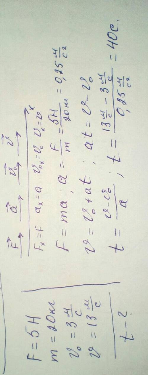 Сколько времени действовала сила 5h тело массой 20 кг что она увеличила скорость с 3м/с до 13 м/с