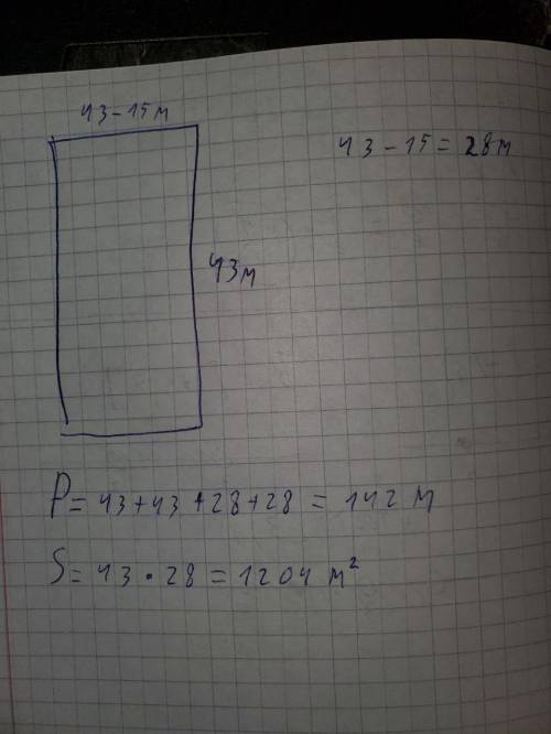 782. длина прямоугольного участка земли 43 м, а его ширина на 15 мменьше длины. найдите периметр и п