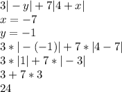 3|-y| + 7|4+x|\\x = -7\\y = -1\\3*|-(-1)| + 7*|4-7|\\3*|1| + 7*|-3|\\3 + 7*3\\24