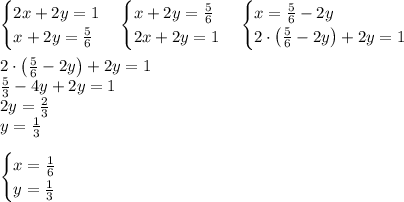 \begin{cases}2x+2y=1\\x+2y=\frac56\end{cases}\Righatrrow\begin{cases}x+2y=\frac56\\2x+2y=1\end{cases}\Righatrrow\begin{cases}x=\frac56-2y\\2\cdot\left(\frac56-2y\right)+2y=1\end{cases}\\\\2\cdot\left(\frac56-2y\right)+2y=1\\\frac53-4y+2y=1\\2y=\frac23\\y=\frac13\\\\\begin{cases}x=\frac16\\y=\frac13\end