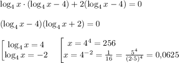 \displaystyle \log_4x\cdot (\log_4x-4)+2(\log_4x-4)=0\\\\ (\log_4x-4)(\log_4x+2)=0\\\\ \begin{bmatrix}\log_4x=4\\\log_4x=-2\end{matrix}\quad \begin{bmatrix}x=4^4=256\qquad \qquad \qquad \quad\\x=4^{-2}=\frac1{16}=\frac{5^4}{(2\cdot 5)^4}=0,\!0625\end{matrix}