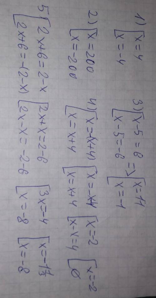 Решите уровнения с модулем (с решением) 1.|x|=4 2.|x|=200 3.|x-5|=6 4.|x|=x+4 5.|2x+6|=2-x