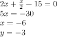 2x + \frac{x}{2} + 15 = 0 \\ 5x = - 30 \\ x = - 6 \\ y = - 3