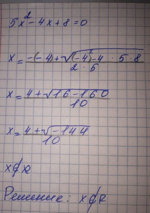 5x^2-4x+8=0 решить нужно через дискриминант расписать полностью