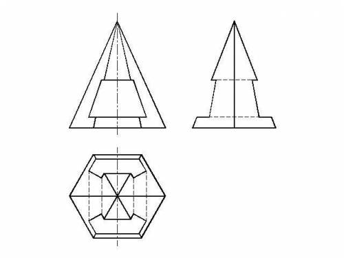 Достроить вид сверху и выполнить 3й вид пирамиды с разрезом