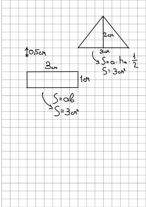 Начертите две неравные фигуры, имеющие одинаковую площадь 3 см квадратных