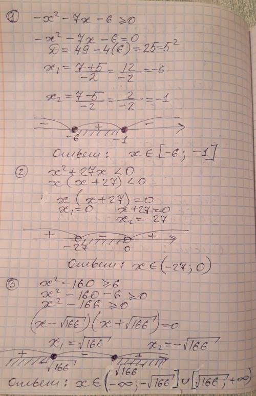 Решите методом интервалов: 1) -x2 - 7x - 6 ⩾ 0 2) x2 + 27x< 0 3) x2 -160 ⩾ 6