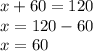 x + 60 = 120 \\ x = 120 - 60 \\ x = 60