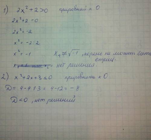 Решите неравенство : 1) 2x²+2> 0 2) x²+2x+3< =0