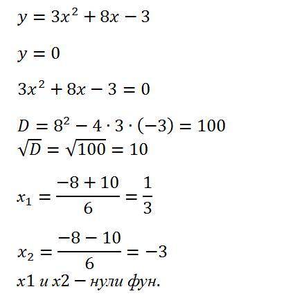 Найдите нули функции y=3x^2+8x-3​