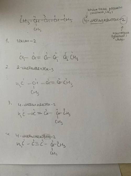 Назвать веществоch3-ch(ch3)-ch=ch-ch31.гексен-22.2-метилпентен-33.4-метилпентен-24.4-метиленпентин-2