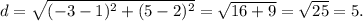 d=\sqrt{(-3-1)^2+(5-2)^2} =\sqrt{16+9} =\sqrt{25}= 5.