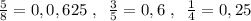 \frac{5}{8}=0,0,625\; ,\; \; \frac{3}{5}=0,6\; ,\; \; \frac{1}{4}=0,25