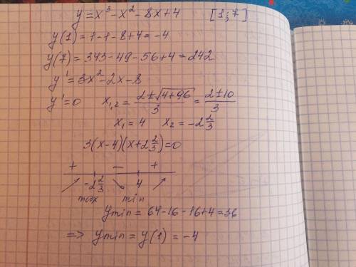 Y=x^3-x^2-8x+4 найти наименьшее значение функции на отрезке (1 : 7)