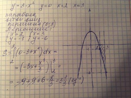 Найти площадь ограниченную линиями y=3-x^2 y=0 x=2 x=3