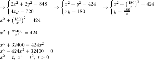 \Rightarrow\begin{cases}2x^2+2y^2=848\\4xy=720\end{cases}\Rightarrow\begin{cases}x^2+y^2=424\\xy=180\end{cases}\Rightarrow\begin{cases}x^2+\left(\frac{180}x\right)^2=424\\y=\frac{180}x\end{cases}\\\\x^2+\left(\frac{180}x\right)^2=424\\\\x^2+\frac{32400}{x^2}=424\\\\x^4+32400=424x^2\\x^4-424x^2+32400=0\\x^2=t,\;x^4=t^2,\;t0