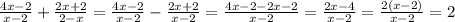 \frac{4x-2}{x-2}+\frac{2x+2}{2-x}=\frac{4x-2}{x-2}-\frac{2x+2}{x-2}=\frac{4x-2-2x-2}{x-2}=\frac{2x-4}{x-2}=\frac{2(x-2)}{x-2}=2