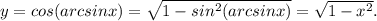 y=cos(arcsinx)=\sqrt{1-sin^2(arcsinx)} =\sqrt{1-x^2} .