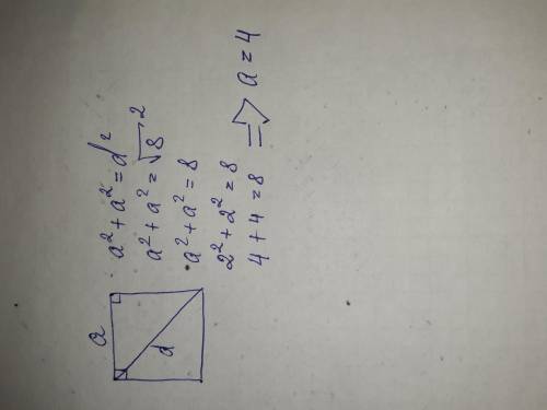 Найдите сторону квадрата диаганаль которого √8 ( на листочке)​