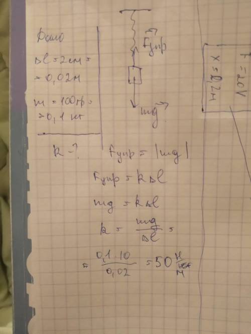 Найдите коэффициент жесткости если: дельта л = 2 см а масса тела 100 гр​