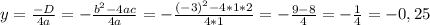 y=\frac{-D}{4a} = - \frac{b^{2} -4ac}{4a} = - \frac{(-3)^{2} - 4*1*2}{4*1} = -\frac{9-8}{4} = -\frac{1}{4} = -0,25