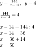 y=\frac{144}{x-14},\; \;y=4\\\\\frac{144}{x-14}=4\\\\x-14=144:4\\x-14=36\\x=36+14\\x=50