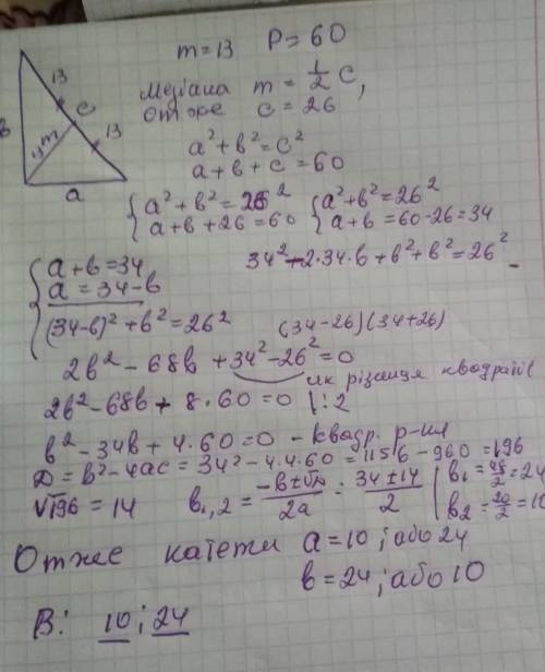 Медіана прямокутного трикутника дорівнює 13 см. знайти його катети, якщо периметр трикутника дорівню