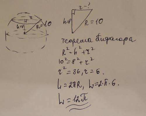 Якщо сферу радіуса 10 перетнуто площиною на відстані 8 від центра то довжина лінії перетину дорівнює