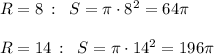 R=8\, :\; \; S=\pi \cdot 8^2=64\pi \\\\R=14\, :\; \; S=\pi \cdot 14^2=196\pi